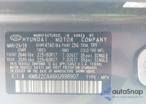 2019 Hyundai Tucson Se from USA, damaged, VIN KM8J2CA46KU998907